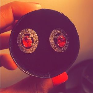 SILVER EARRINGS W/ORANGISH RED GEMS AND DIAMONDS!